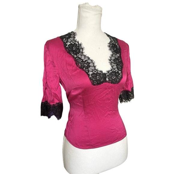 Vintage Moda International Y2k Pink Silk Stretch Lace Trim Babydoll Coquette Top - Picture 2 of 12